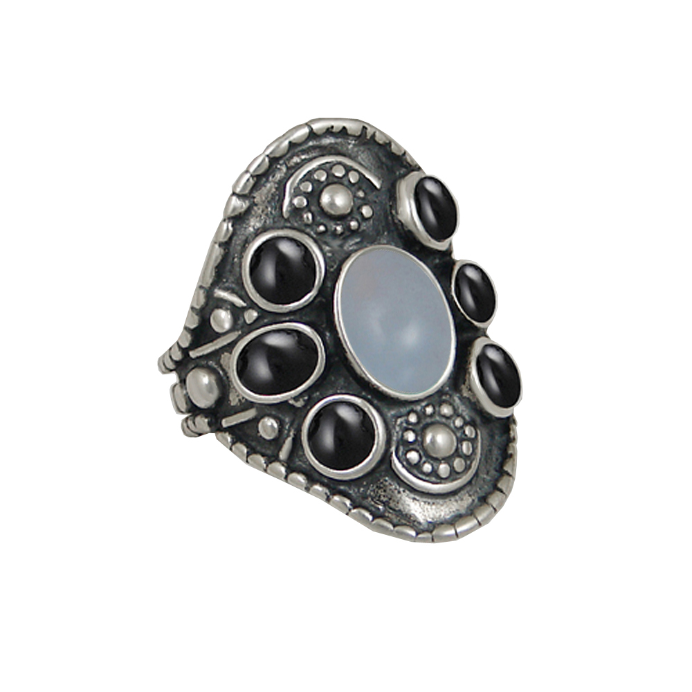 Sterling Silver High Queen's Ring With Chalcedony And Black Onyx Size 7